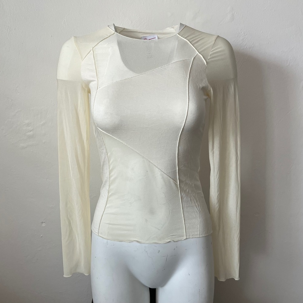 Oatt Collection Ivory Mesh Patchwork Seam Long Sleeve Top Womens M